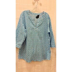 Pendleton Womens XL Blue White Geometric Cotton Split Neck 3/4 Sleeve Tunic Top